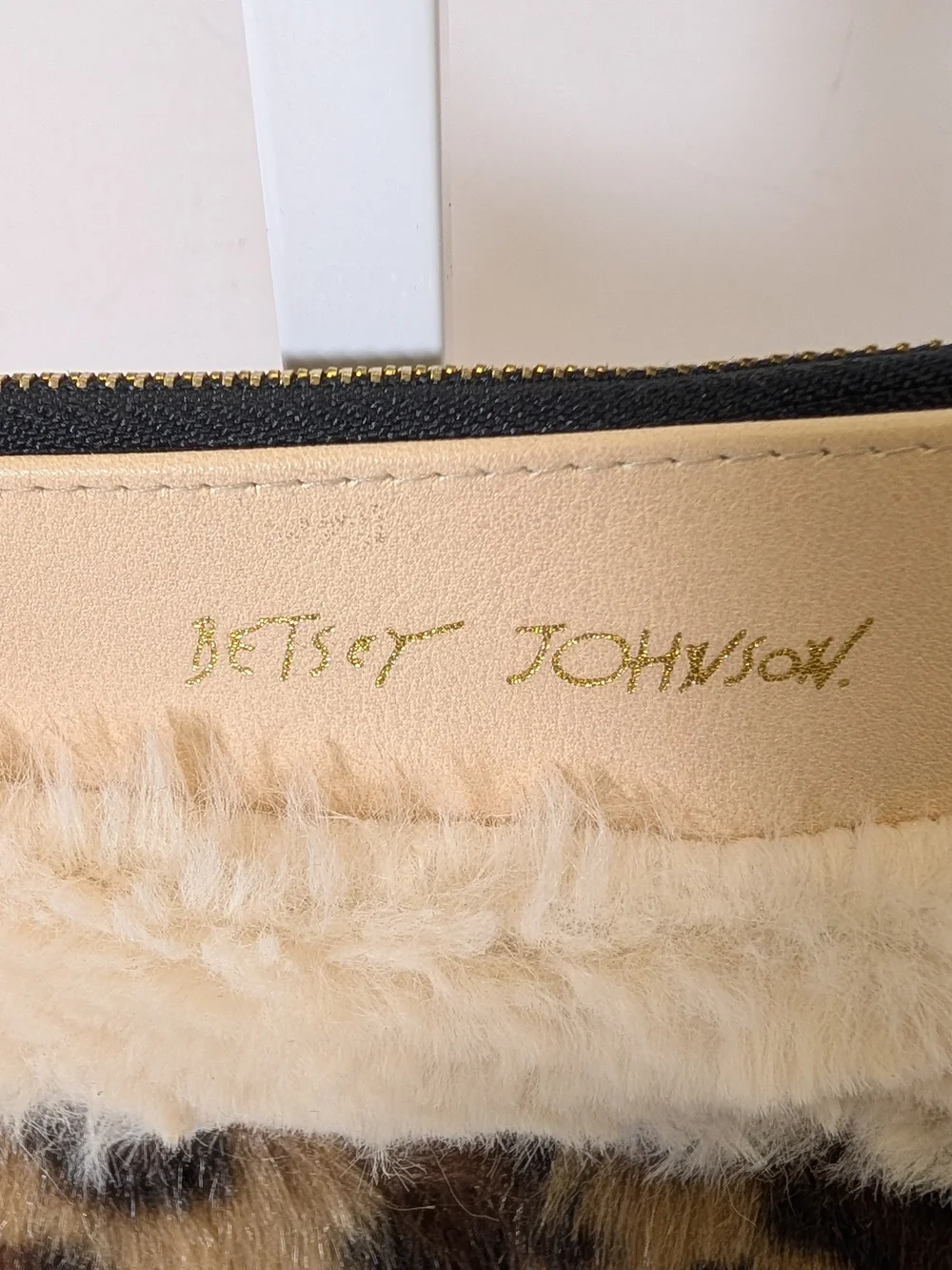 Betsey Johnson Beige, Leopard & Black Faux Fur Stripe Wristlet